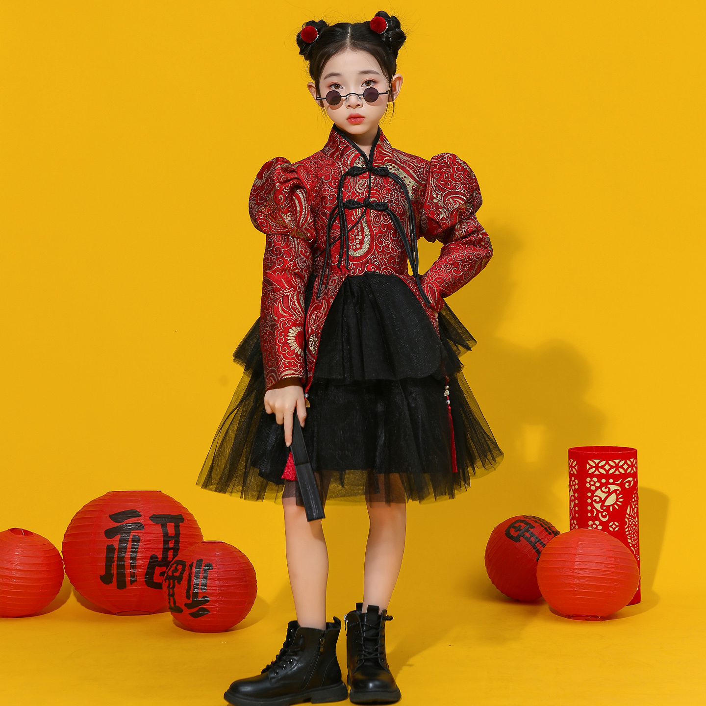 国潮女童旗袍红色演出中式儿童模特走秀战袍2025年新款国风潮服冬