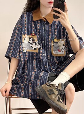 2025年夏季日系复古学院风衬衫设计感条纹撞色领短袖衬衣男女外套