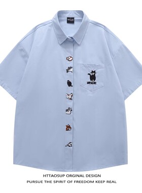 日系复古小猫刺绣Polo领衬衫男女夏季学院风宽松潮流百搭衬衣外套