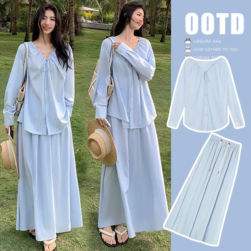2026春夏套装慵懒感两件套辣妈时尚宽松系带上衣加孕妇半身裙