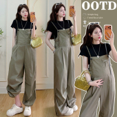 新款 内搭孕妇套装 浅绿色工装 背带裤 高腰显瘦宽松阔腿裤 2026夏季