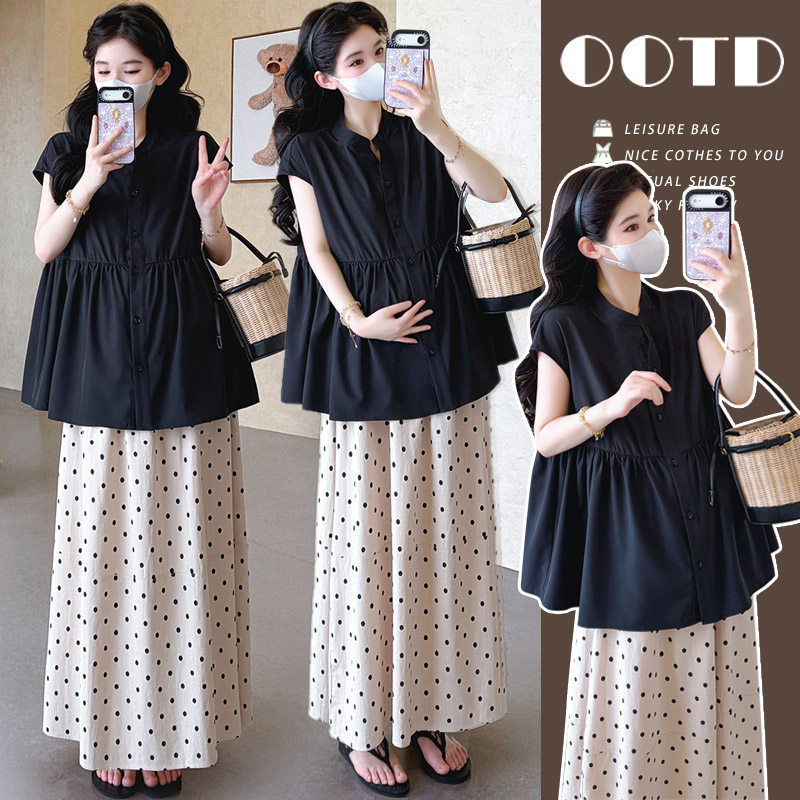 【初韵】2026孕妇夏新款落肩袖黑色衬衫娃娃衫上衣+棉麻波点半裙