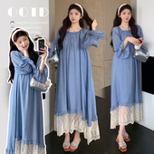 2026春秋新款 简约气质宽松蓝色拼接减龄长裙拼接蕾丝孕妇连衣裙