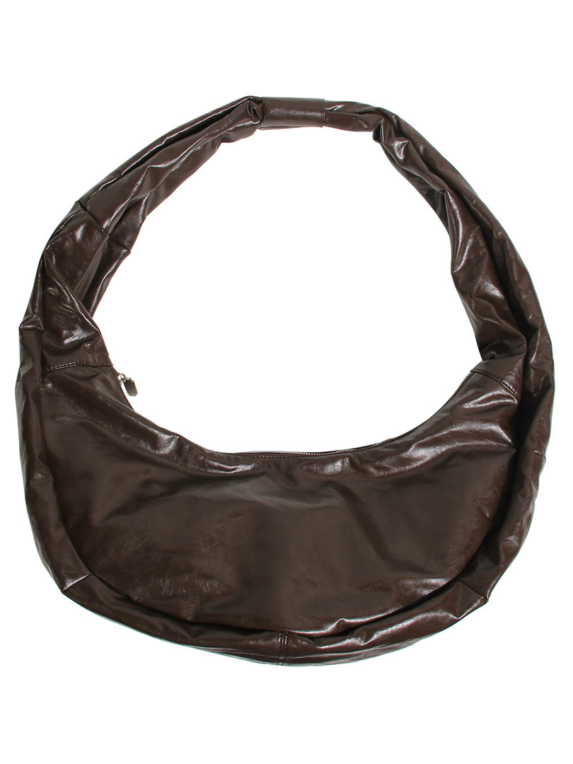 Brown leather hobo shoulder bag on white background