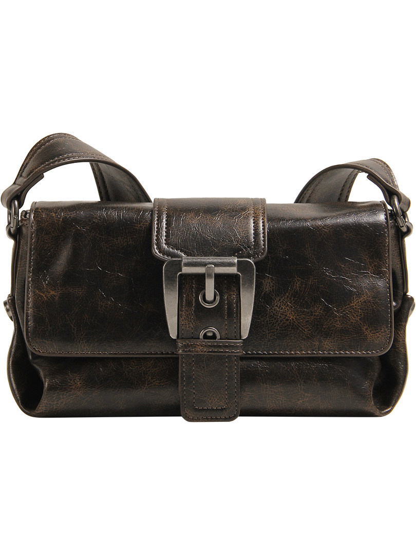 Dark brown leather shoulder bag with a front buckle clasp on a white background
