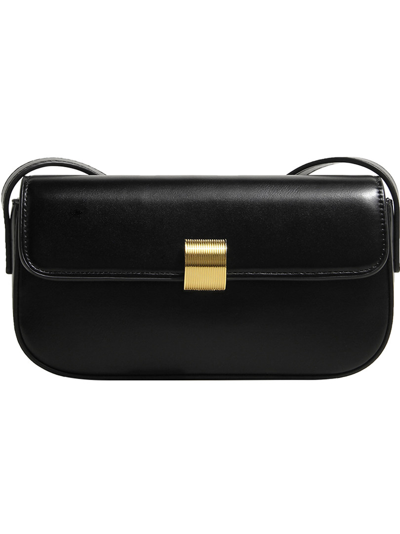 Black leather handbag with gold clasp on white background
