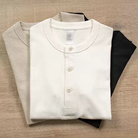 300g Old-Fashioned Loom Japanese Retro American Henry Collar Three-Needle Heavyweight Thick Pure Cotton Short-Sleeve Men's T-Shirt Khaki