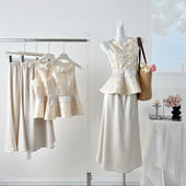 鎏光半夏新中式 显瘦立体重工纱花鎏金气质提花上衣女缎面半裙套装