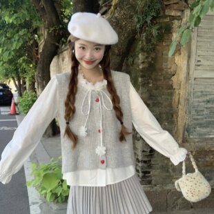 实拍实价~春季针织减龄马甲女+甜美立体花朵衬衫女绑带长袖上衣