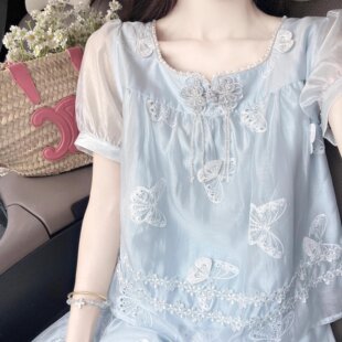 夏日绝美清冷松弛感穿搭蓝色方领衬衫半身裙两件套装新款爆款