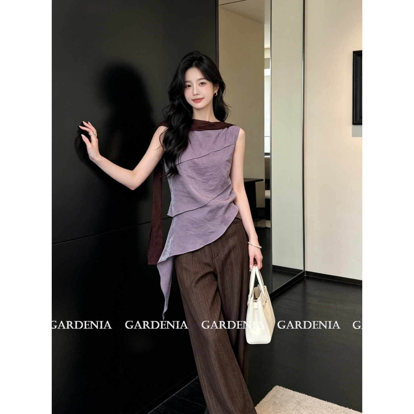 Gardenia 法式温柔醋酸不对称飘带背心衬衫女气质光泽感拼接上衣