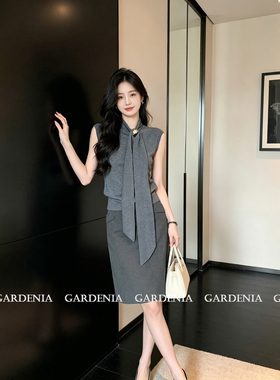 Gardenia 灰色气质老钱风飘带金属扣针织上衣女夏季时髦无袖背心
