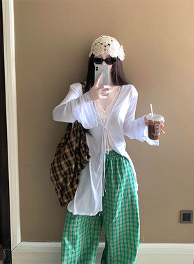 Gardenia 性感V领镂空蕾丝小吊带女白色薄款针织长袖系带开衫T恤