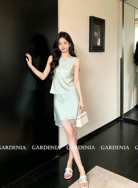 Gardenia 法式小香风醋酸圆领无袖上衣女轻奢网纱拼接半裙两件套