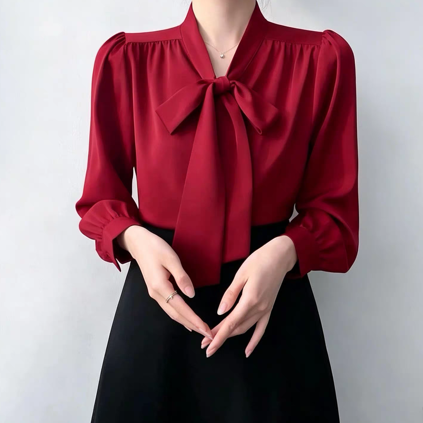 法式蝴蝶结缎面衬衫女长袖高级感通勤职业气质飘带女式衬衫衬衣