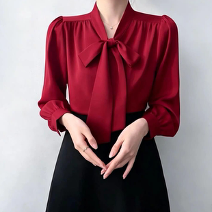 法式蝴蝶结缎面衬衫女长袖高级感通勤职业气质飘带女式衬衫衬衣