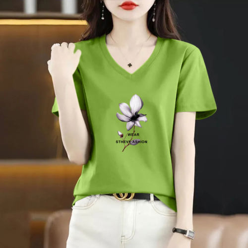 短袖t恤女白色v领夏季胖MM大码纯棉鸡心领纯棉薄款凉感正肩体恤潮