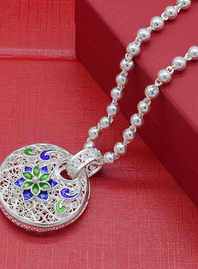 99纯银景泰蓝花开富贵吊坠原创手工拉丝女款项链毛衣链银饰礼物