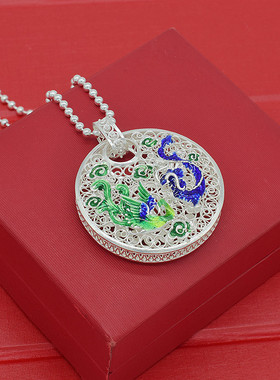 999纯银足银打造景泰蓝龙凤吊坠圆珠毛衣链凤凰银饰项链送礼物