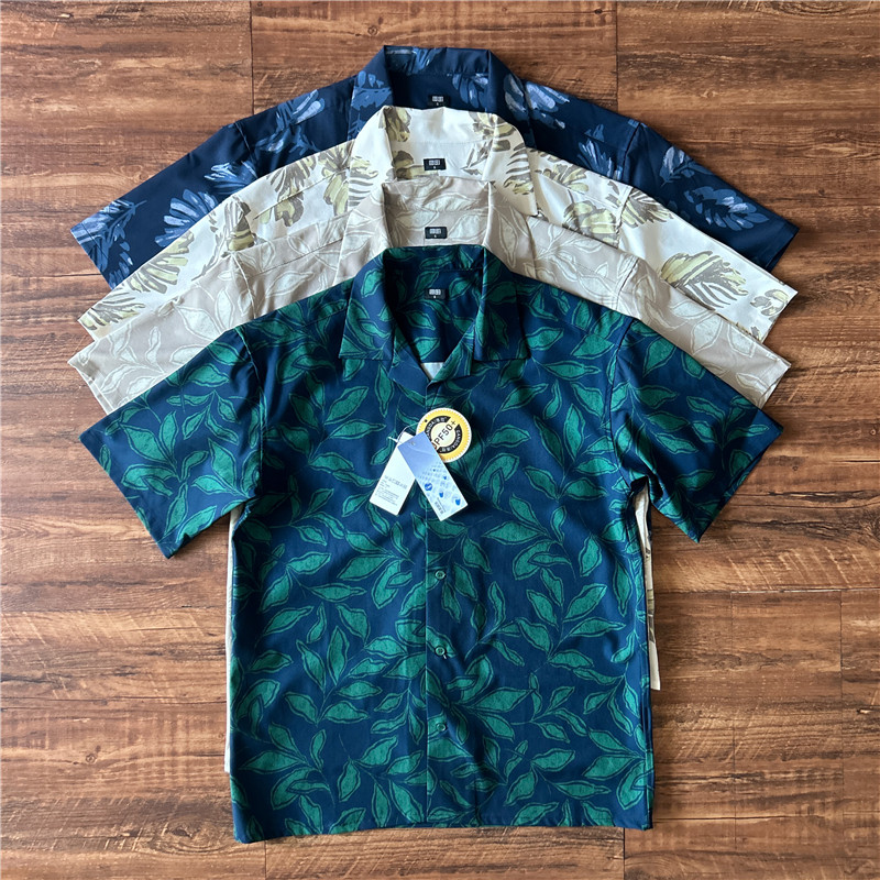 沙滩防晒花衬衫满印花短袖夏薄款透气宽松大码防紫外线树叶短t男