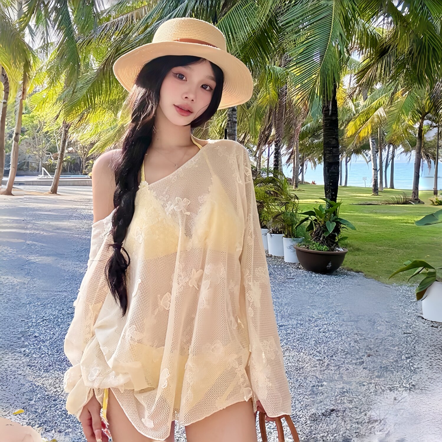 度假辣妹风比基尼分体泳衣女长袖蕾丝防晒罩衫三件套海边遮阳泳装