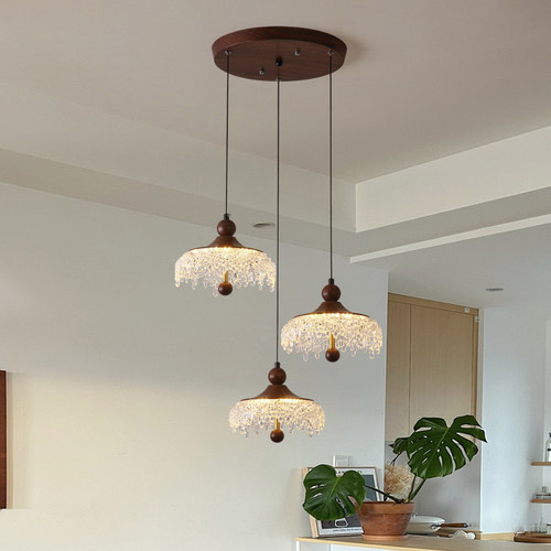 法式中古风餐厅胡桃木色三头吊灯