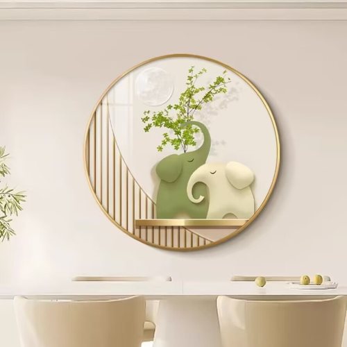 奶油风高级感客厅玄关装饰画绿植大象餐厅饭厅背景墙挂画圆形壁画