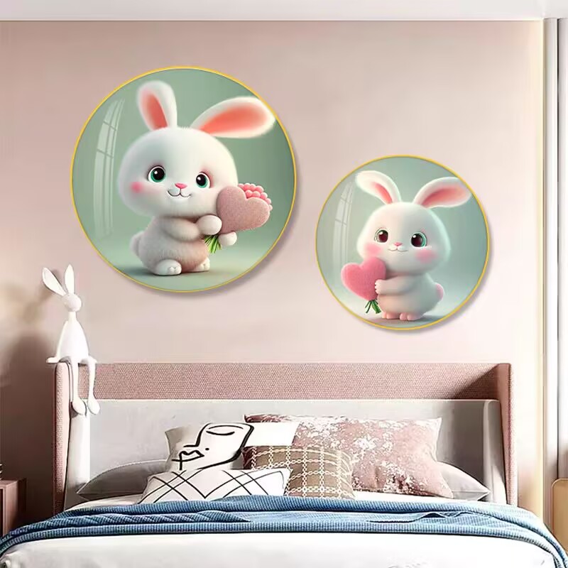 现代简约女孩卧室装饰画男孩房间床头挂画儿童房背景墙壁画圆形画图片