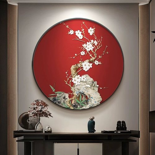 喜上梅梢新中式玄关装饰画走廊过道壁画花鸟圆形客厅画餐厅挂画