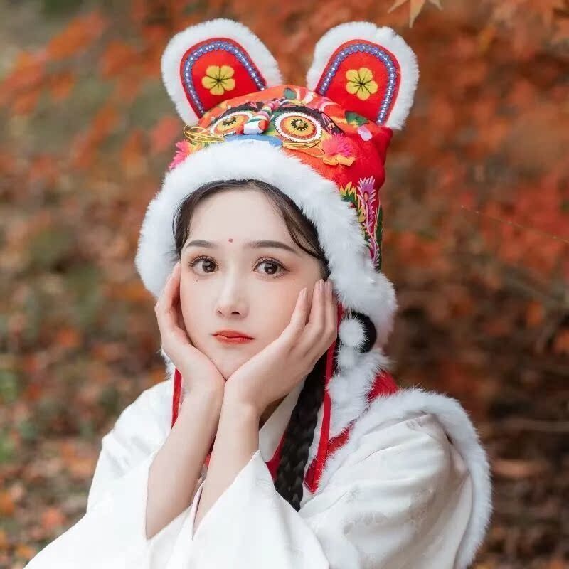 猫咪虎头帽女童幼童中国风汉服冬季新年老虎帽加绒防风保暖护耳帽