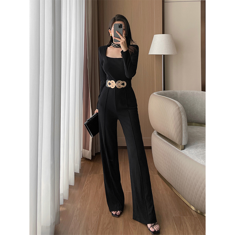 御姐范黑色修身显瘦连体裤女秋新款时尚轻奢挂脖方领长袖收腰长裤