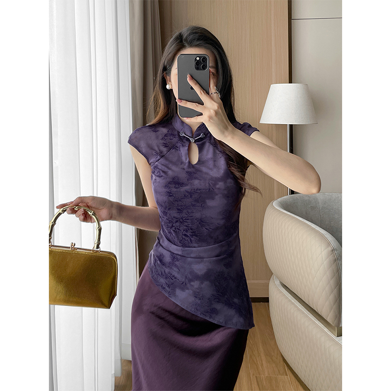 国风盘扣立领无袖上衣女夏季新中式年轻植绒网纱镂空修身显瘦小衫