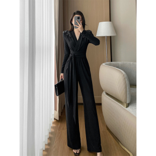 V领系带收腰连衣裤 高级感黑色重工钉珠流苏连体裤 时尚 新款 女春季