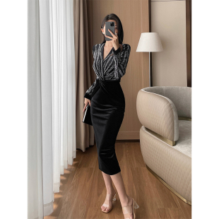 重工烫钻大女主黑色连衣裙秋冬新款 包臀裙 轻奢御姐范V领垫肩长袖