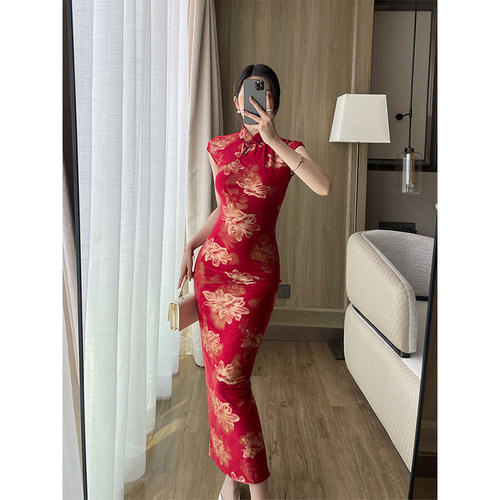 印花旗袍立领无袖成熟优雅复古