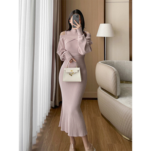 弹力针织两件套罩衫连衣裙秋冬新款纯欲慵懒半高领无袖修身套装女