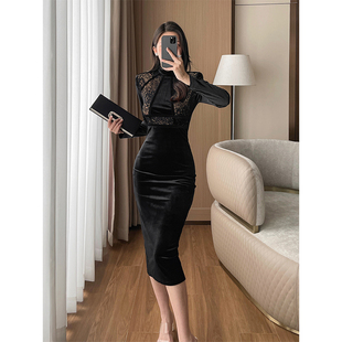 修身 轻奢名媛风半高领长袖 中长裙 新款 黑色丝绒蕾丝拼接连衣裙冬季
