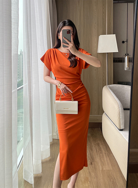 橙色气质连衣裙夏季新款法式小众御姐风圆领显身材收腰开叉包臀裙