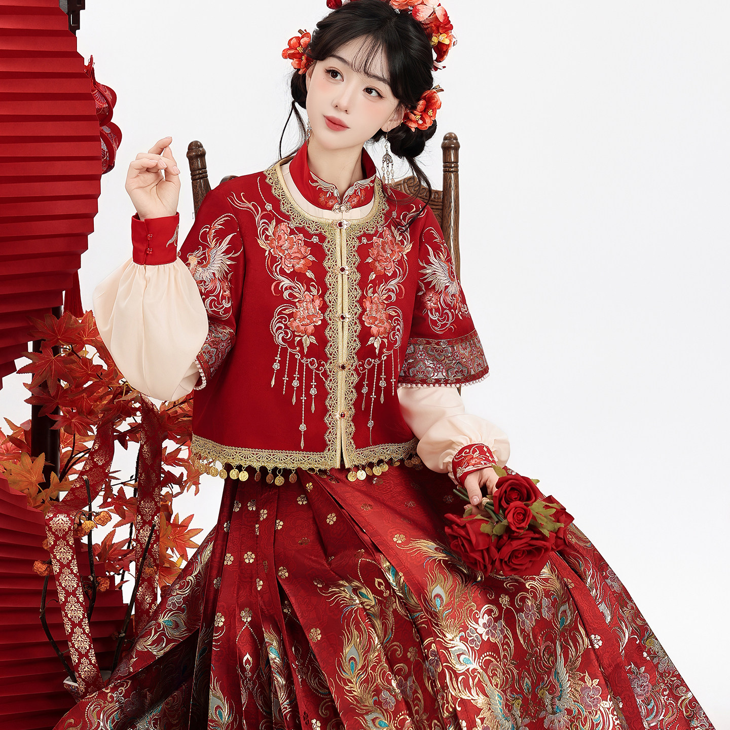 红色马面裙新中式订婚敬酒服春夏图片