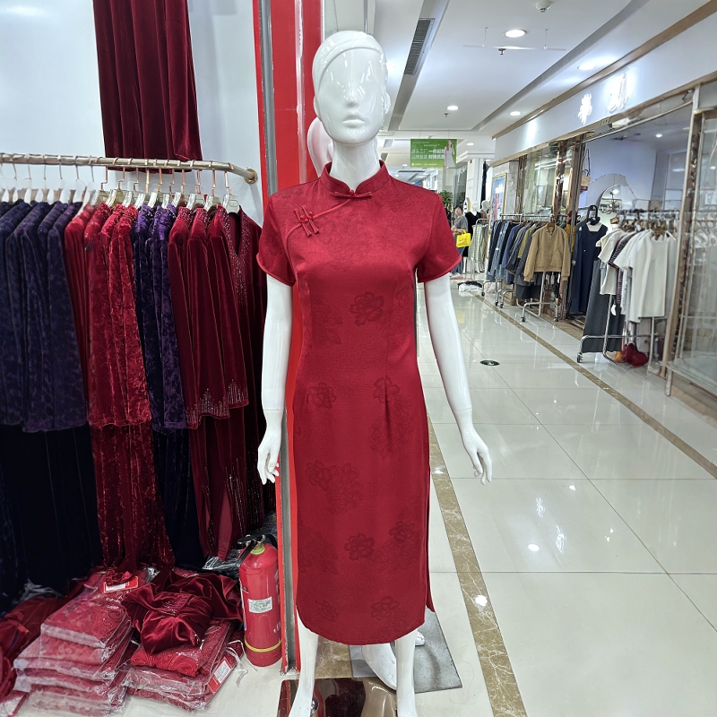 短袖红色新中式真丝旗袍婚宴礼服
