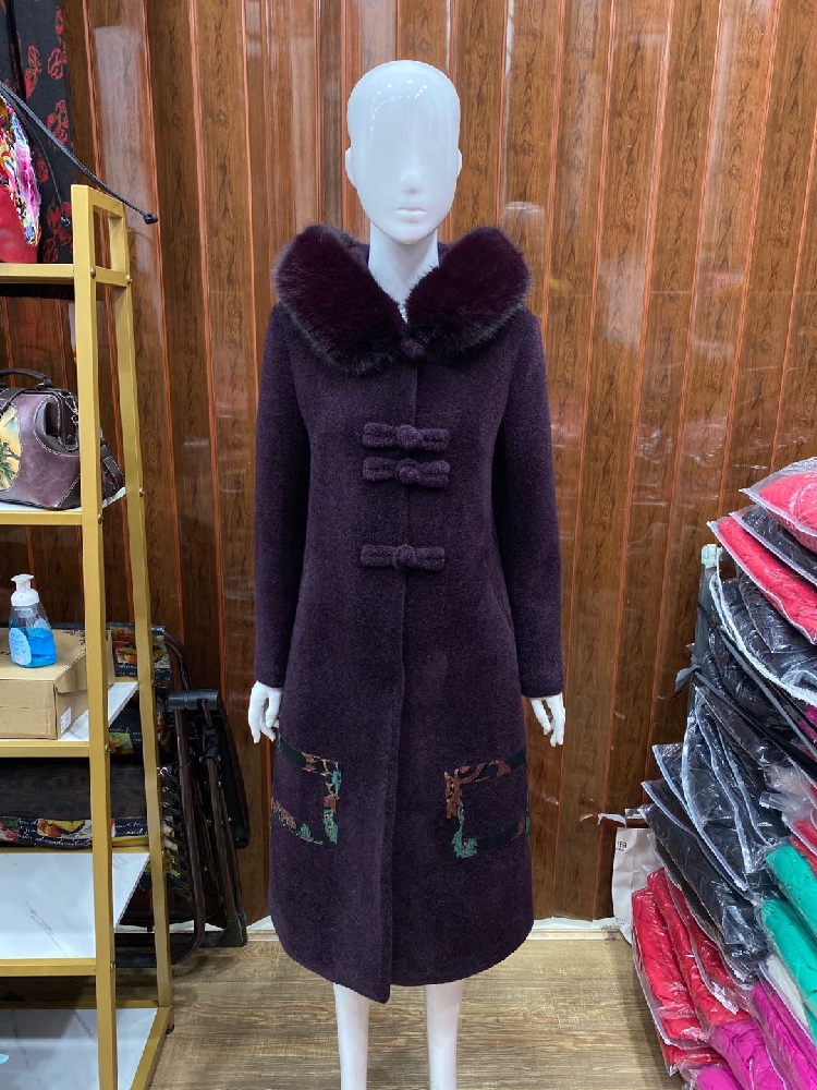 冬季新款中年妈妈水貂绒外套中长款连帽毛领印花拼接外套毛呢大衣
