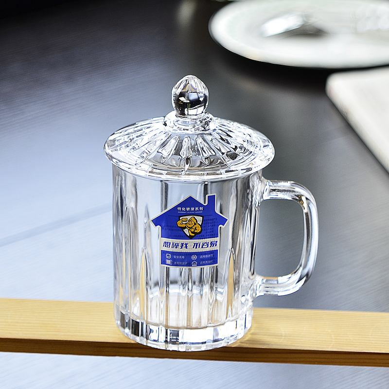 带把钢化玻璃杯子防摔家用耐高温扎啤酒杯棋牌室茶楼专泡茶杯带盖