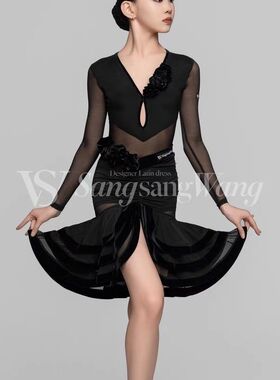 sswang秋冬新款舞服少儿拉丁舞纱网v领超多花长袖拉丁套装练习服