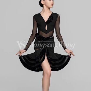 sswang秋冬新款舞服少儿拉丁舞纱网v领超多花长袖拉丁套装练习服
