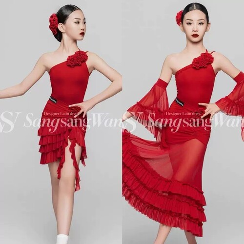 sswang舞服少儿拉丁舞夏精致斜肩花朵吊带摩登舞蛋糕裙头花练习服