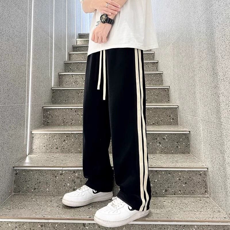 条纹拼接裤子男夏季直筒宽松百搭学生校服裤港风高街阔脚运动长裤