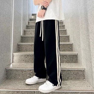 春秋季条纹运动休闲裤男学生直筒宽松百搭校服裤垂感高街阔脚长裤