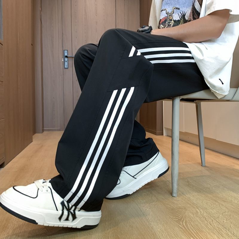 冰丝条纹拼接速干裤子男夏季薄款高街宽松长裤潮流阔腿直筒休闲裤