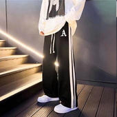 条纹卫裤 子男春秋季 港风高街潮流宽松直筒裤 美式 阔腿运动休闲长裤