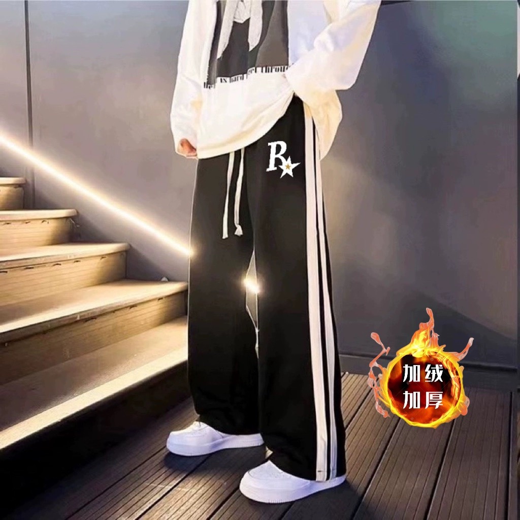 秋冬季加绒加厚运动卫裤子男港风潮流百搭直筒裤条纹阔腿休闲长裤